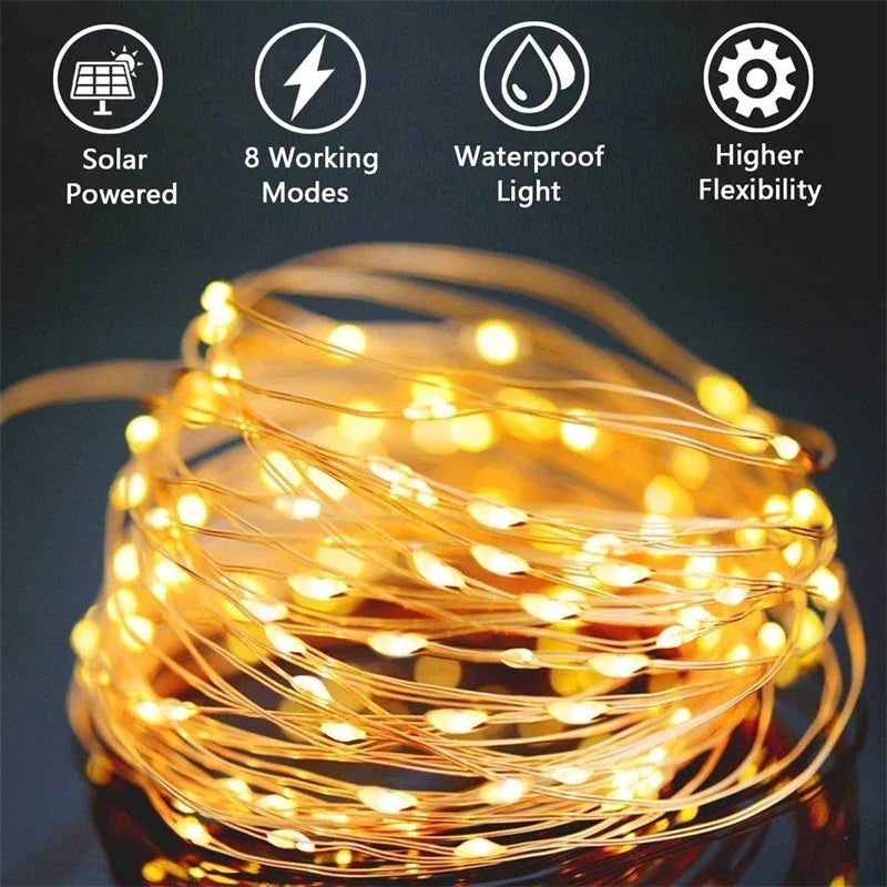 Pisca-Pisca Solar 22 m com 200 LEDs à Prova d’Água – Branco Quente