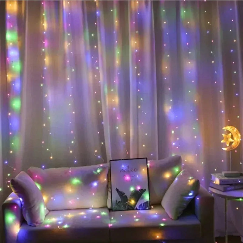 Cortina de Luzes LED 3 x 3 m com 300 LEDs, USB e Controle Remoto – Branco Quente