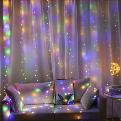 Cortina de Luzes LED 3 x 3 m com 300 LEDs, USB e Controle Remoto – Branco Quente