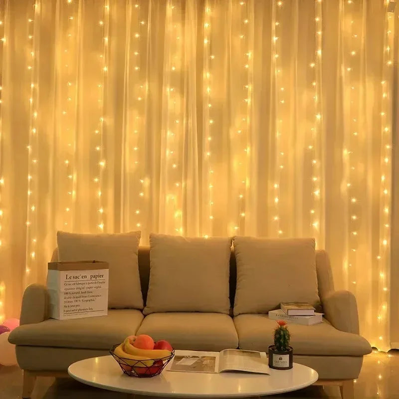 Cortina de Luzes LED 3 x 3 m com 300 LEDs, USB e Controle Remoto – Branco Quente