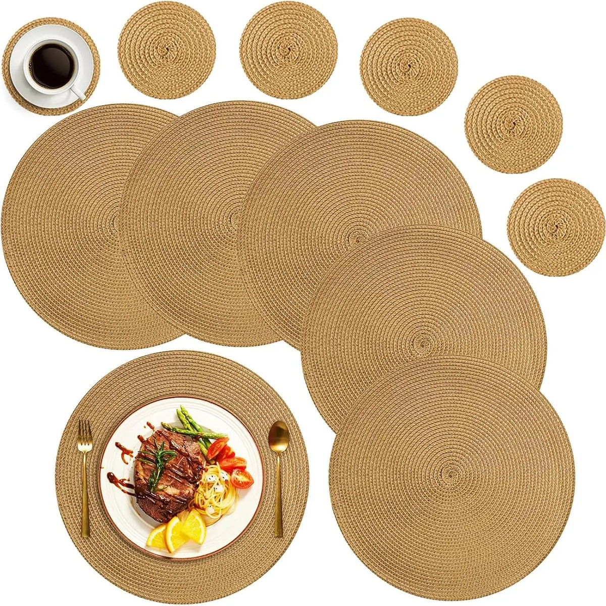 Sousplat Trançado Redondo Bege 33,5 cm – Kit 6 com 6 Porta-Copos