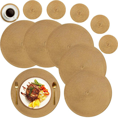 Sousplat Trançado Redondo Bege 33,5 cm – Kit 6 com 6 Porta-Copos