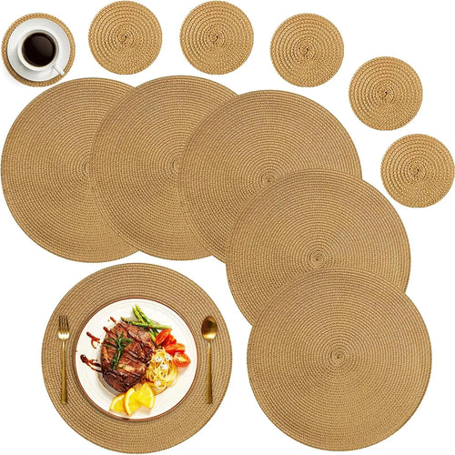 Sousplat Trançado Redondo Bege 33,5 cm – Kit 6 com 6 Porta-Copos