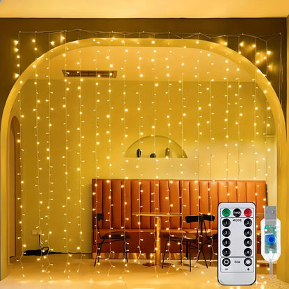 Cortina de Luzes LED 3 x 3 m com 300 LEDs, USB e Controle Remoto – Branco Quente