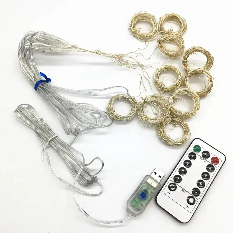 Cortina de Luzes LED 3 x 3 m com 300 LEDs, USB e Controle Remoto – Branco Quente