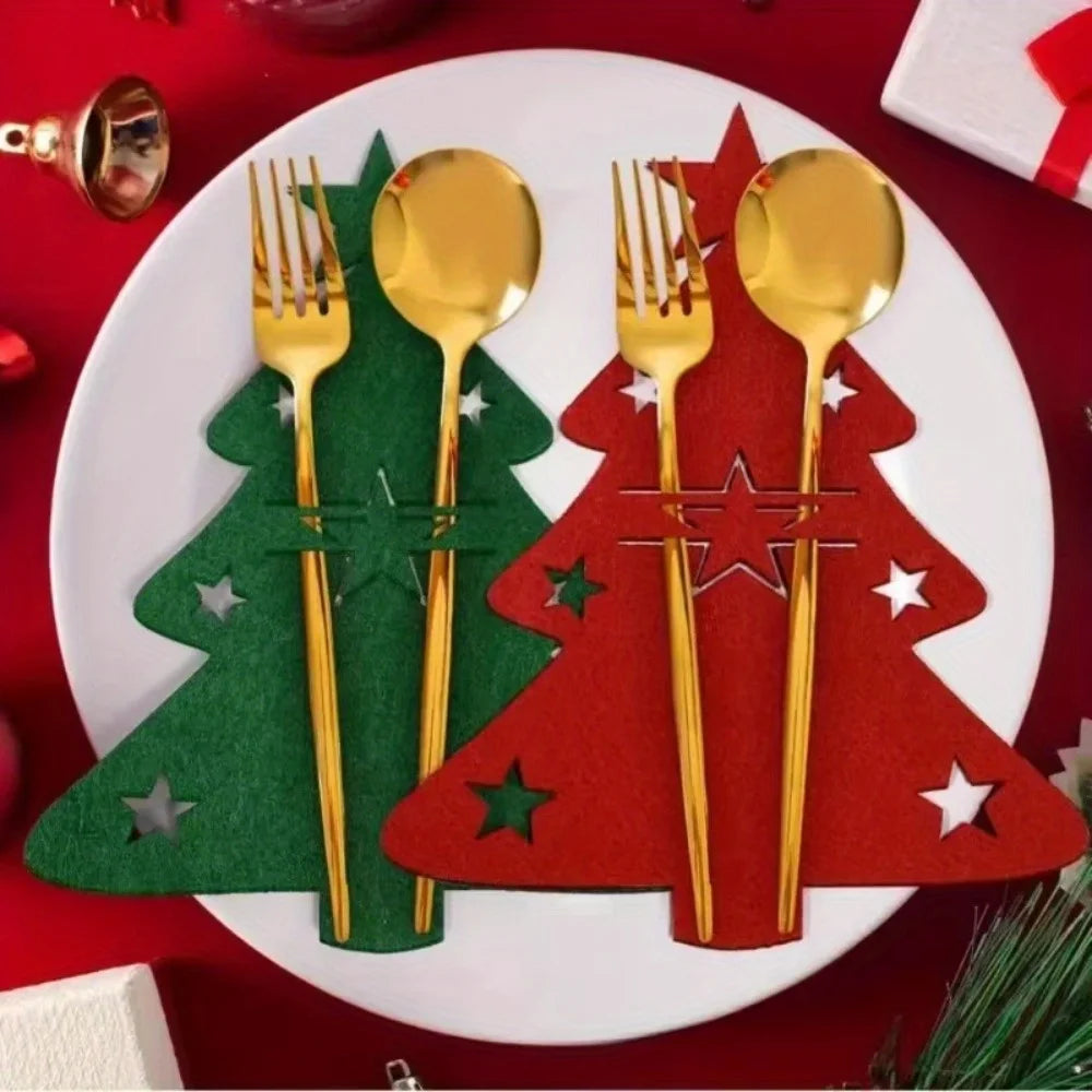 Porta-Talheres de Natal Árvore em Feltro – Kit 12 Unidades