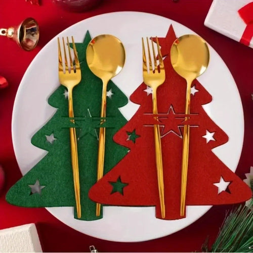 Porta-Talheres de Natal Árvore em Feltro – Kit 12 Unidades
