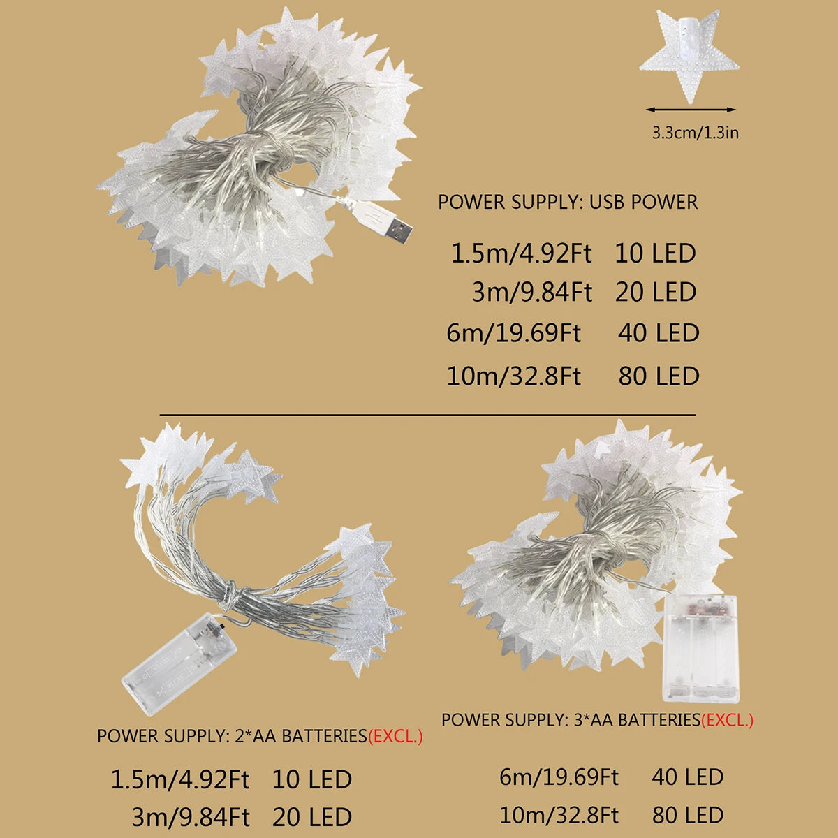 Cordão de Luzes Estrelas LED 10 m com 80 LEDs USB – Branco Quente