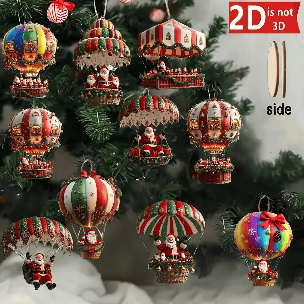 Kit 10 Enfeites de Madeira Balão do Papai Noel para Árvore
