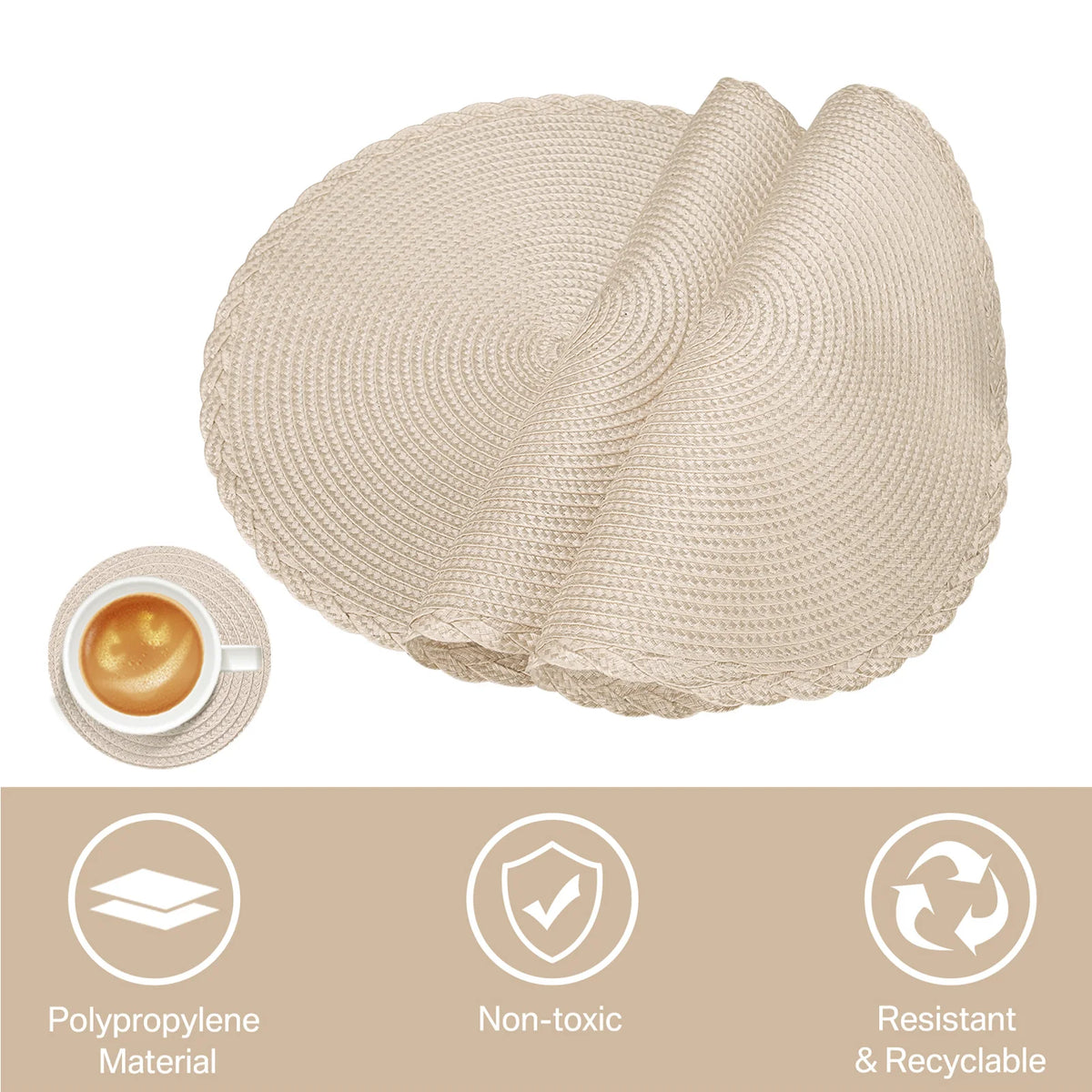 Sousplat Trançado Redondo Bege 33,5 cm – Kit 6 com 6 Porta-Copos