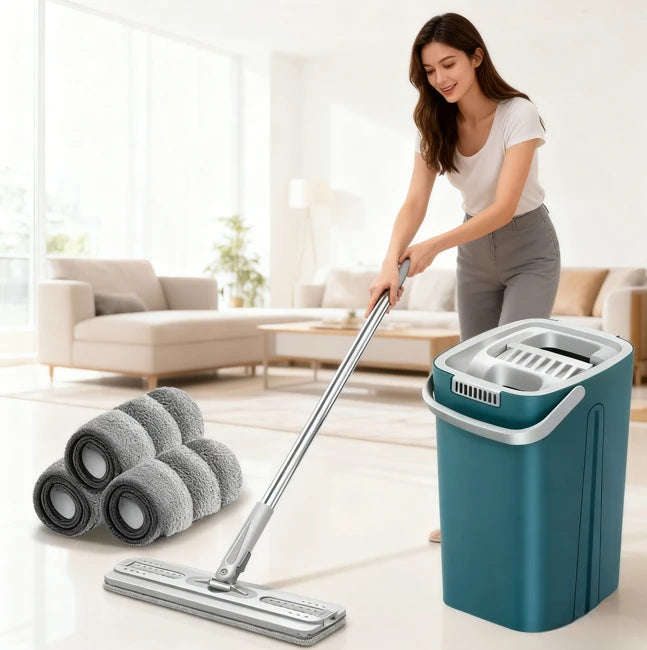Flat Mop Lava e Seca com Balde e 2 Refis de Microfibra – Fortlar Clean