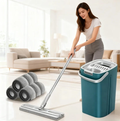 Flat Mop Lava e Seca com Balde e 2 Refis de Microfibra – Fortlar Clean
