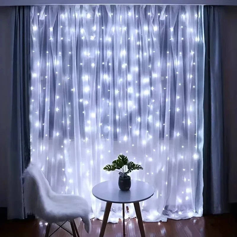 Cortina de Luzes LED 3 x 3 m com 300 LEDs, USB e Controle Remoto – Branco Quente