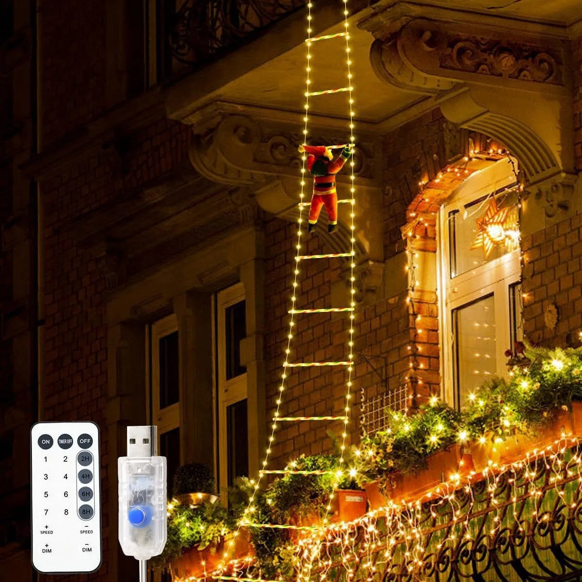 Papai Noel Escalador com Escada e Luzes LED 3 m – Branco Quente