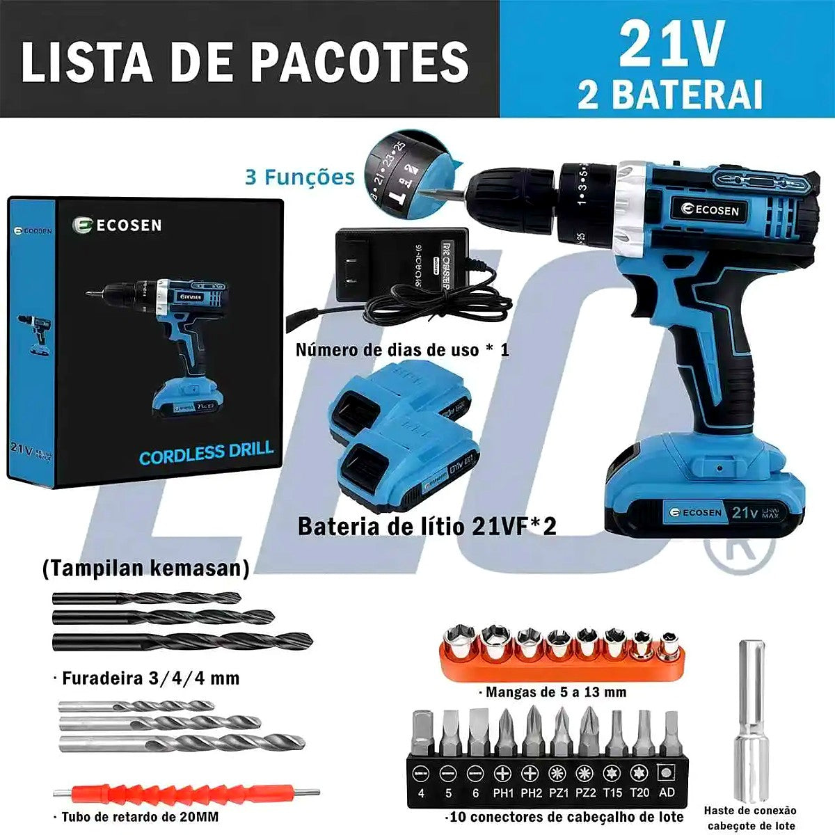 Furadeira e Parafusadeira de Impacto 21V 3 em 1 com 2 Baterias e Acessórios – imagem 2