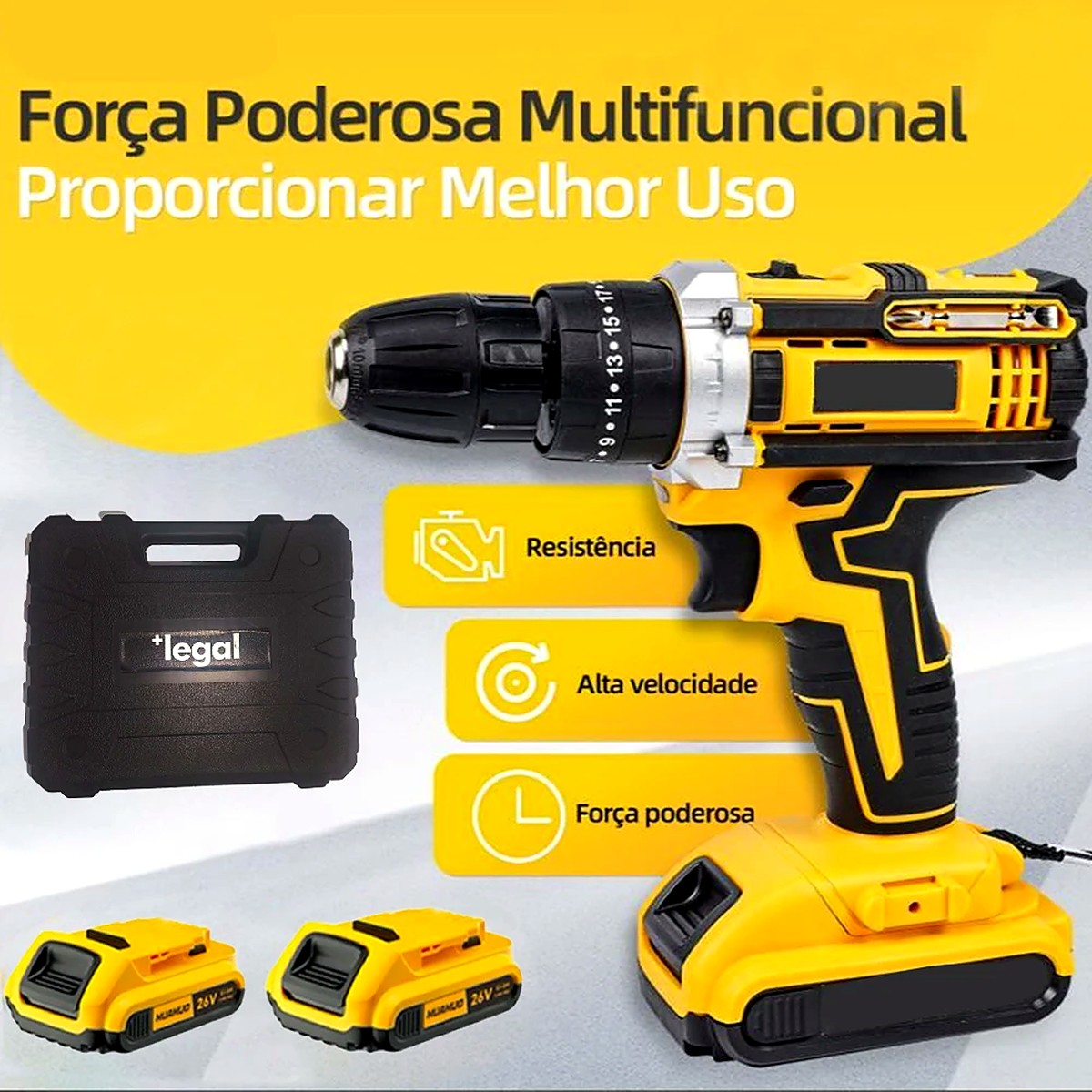 Kit Furadeira e Parafusadeira 26V com 2 Baterias, Maleta e 47 Acessórios – imagem 3