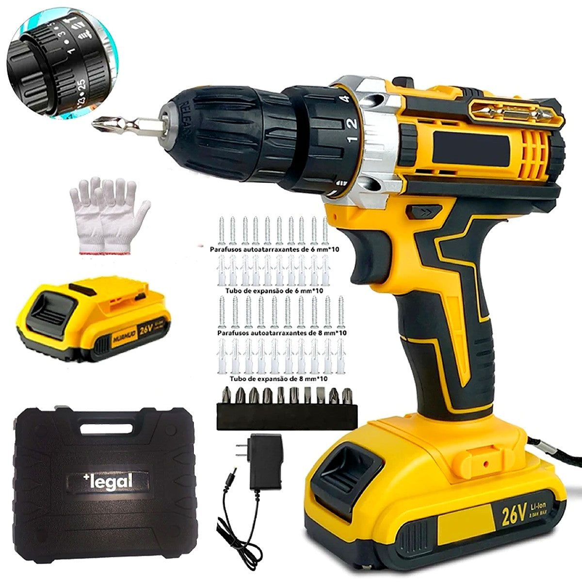 Kit Furadeira e Parafusadeira 26V com 2 Baterias, Maleta e 47 Acessórios
