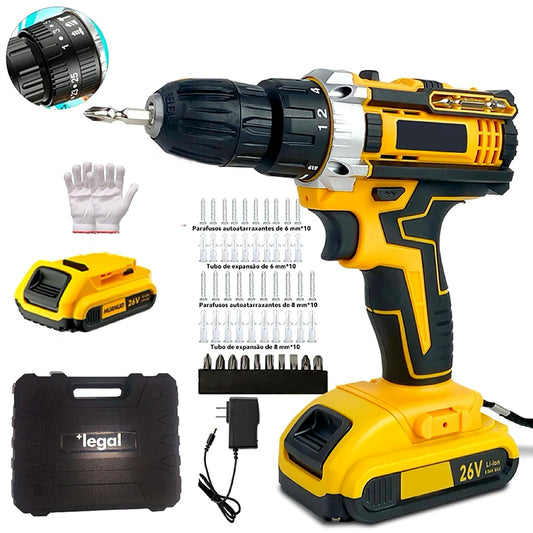Kit Furadeira e Parafusadeira 26V com 2 Baterias, Maleta e 47 Acessórios