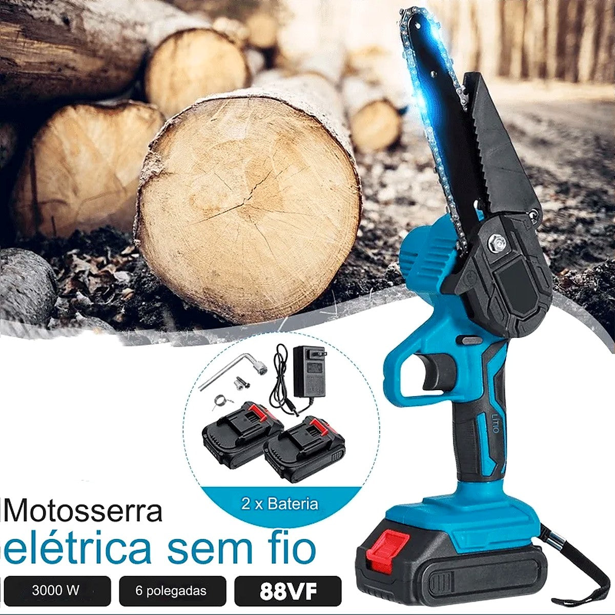 Mini Motosserra Sem Fio 6" 21V com 2 Baterias para Poda e Galhos – imagem 2